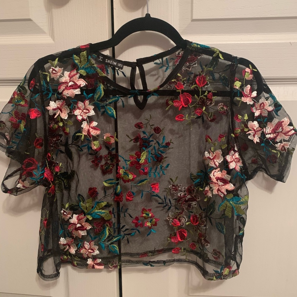 Shein Mesh Embroidered Floral Top